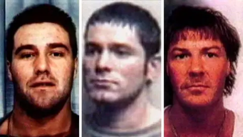 Left to right: Craig Rolfe, Tony Tucker and Pat Tate. Mr Rolfe appears to be in custody, appearing with dark hair and unshaven. Mr Tucker also has short dark hair and appears younger. Mr Tate has long dark hair and slight moustache.