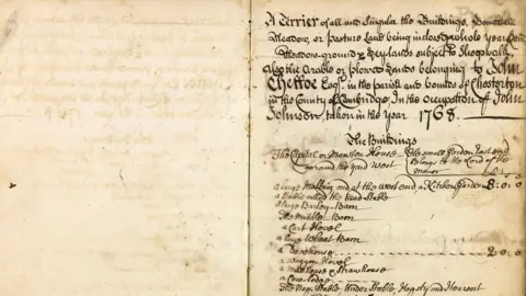 Cambridgeshire Archives Two yellowing pages of the terrier, which has been bound into a book. The left-hand page is blank but has a faint imprint of the ink on the right-hand page. The right hand page has black handwriting, written in loops and swirls. At the top it says it is a terrier and then it lists whose it is and below that lists buildings occupied by John Johnson. 