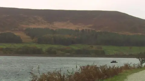 Dovestone reservoir seen for a green slope with a tree-lined edge and the sun reflecting off the water.