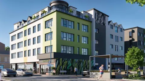 A CGI image of how the building would look. The five storey building has shops on the ground floor and roof terraces on the top floor, as part of the apartments.