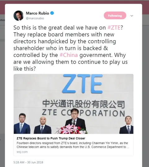 Marco Rubio New York Democrat and Senate Minority Leader Chuck Schumer together with fellow senators Tom Cotton (R., Ark.), Marco Rubio (R., Fla.), and Chris Van Hollen (D., Md.), are attempting to maintain the ban on ZTE