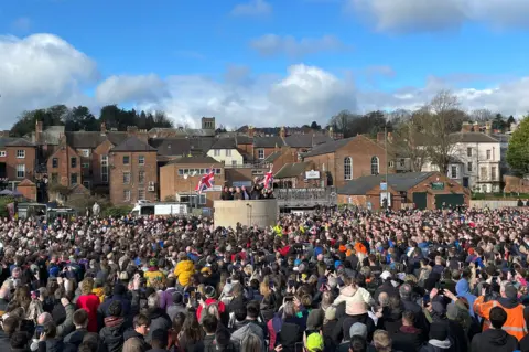 BBC Ball being turned up from the new Royal Shrovetide Football plinth in Ashbourne 2023