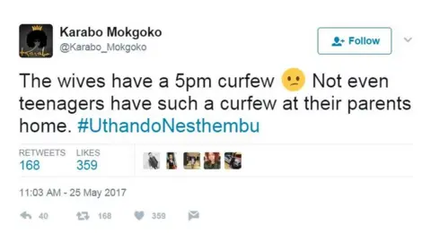 Twitter / @karabo_mokgoko The wives have a 5pm curfew 😕 Not even teenagers have such a curfew at their parents home. #UthandoNesthembu