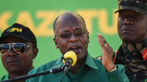 Getty Images John Magufuli (C) speaks during the official launch of his party's campaign for the October general election at the Jamhuri stadium in Dodoma, Tanzania, August 29, 2020.