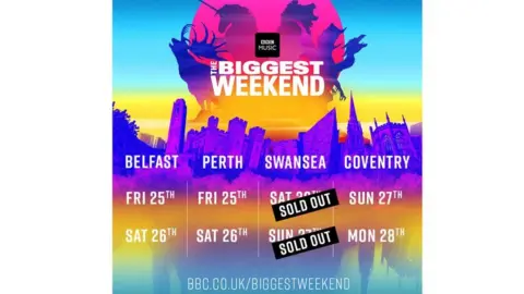 BBC Biggest Weekend poster with the Swansea dates sold out