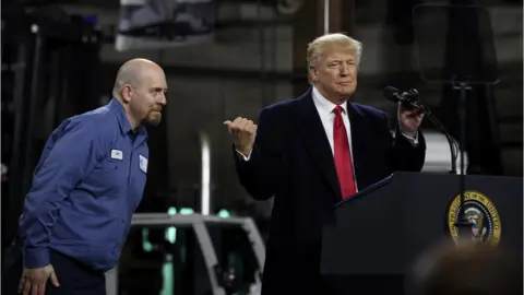 Getty Images President Donald Trump introduces Ken Wilson, an employee of H&K Equipment, to supporters at a rally at H&K Equipment, a rental and sales company for specialized material handling solutions on January 18, 2018 in Coraopolis, Pennsylvania