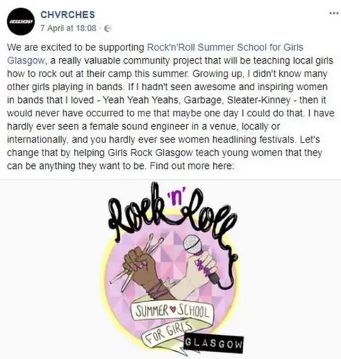 Facebook/CHVRCHES A post from Chvrches on facebook which says they're supporting the summer school