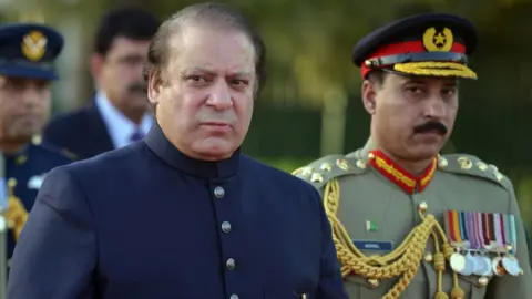 Getty Images Nawaz Sharif inspects a guard of honour during a welcoming ceremony at the Prime Minister's House in Islamabad, 28 July 2017