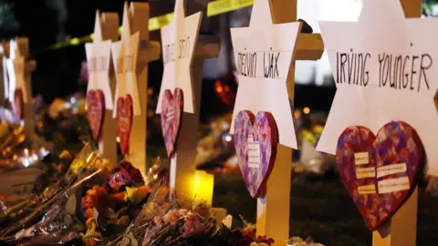 EPA Star of David memorials are lined with flowers at the Tree of Life synagogue in Pittsburgh, Pennsylvania, 29 October 2018