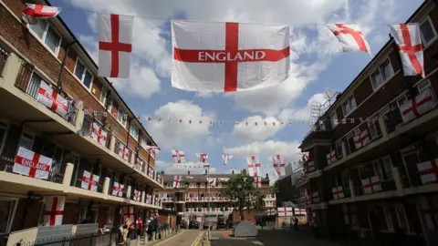 Alamy England flags at Kirby Estate in Bermondsey