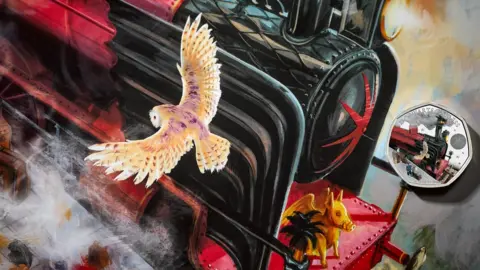 The Royal Mint 50p Hogwarts Express coin alongside illustration