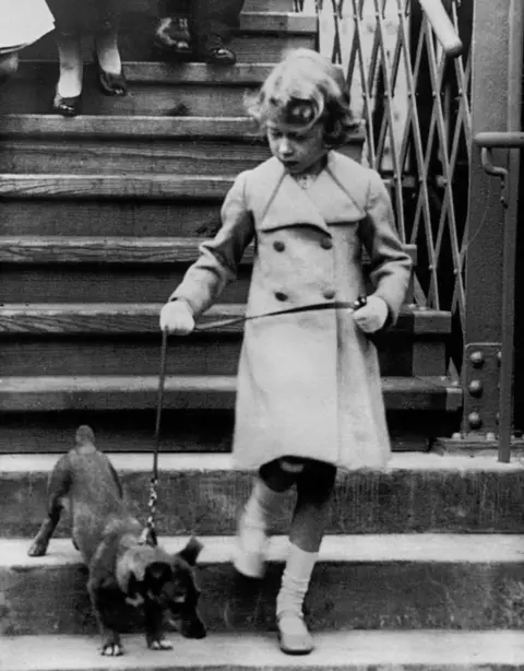 Imagno/Getty Images Princess Elizabeth pictured walking down stairs at Glamis Station with a small Pembroke Corgi - Dookie