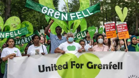 Getty Images United for Grenfell protesters remember the 72 victims, four years after the fatal fire at Grenfell Tower.