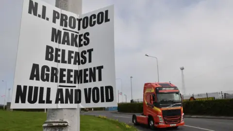 Getty Images Anti-Northern Ireland protocol poster at the entrance to Larne harbour