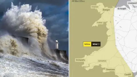 Getty Images | Met Office Waves crash on to sea defences at Porthcawl and a Wales map