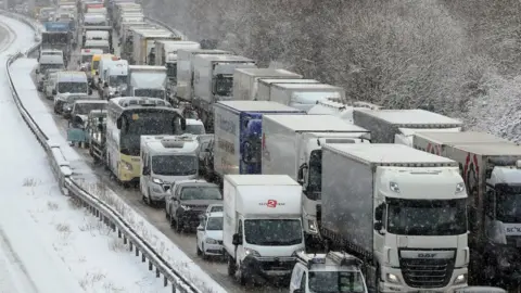 PA Stationary traffic on the M20 near Ashford, Kent