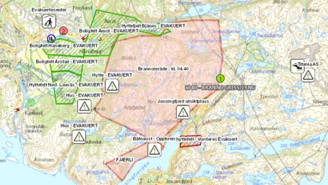 Norway Police handout A map shows the area where the fire is burning and the area that has been evacuated