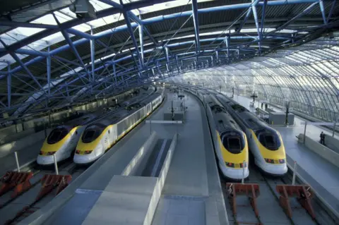 Construction Photography/Avalon/Getty Images Four Eurostar trains at London's Waterloo International Station in 1996