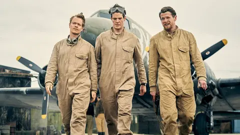 Robert Viglasky Jock Lewes (Alfie Allen), David Stirling (Connor Swindells) and Paddy Mayne (Jack O'Connell) in a scene from SAS Rogue Heroes