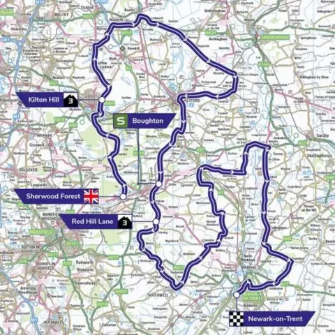 Tour of Britan/Crown Tour of Britain stage in Nottinghamshire map