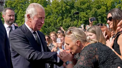 PA Media King Charles has his hand kissed by a member of the public