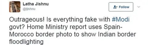 Latha Jishnu Outrageous! Is everything fake with #Modi govt? Home Ministry report uses Spain-Morocco border photo to show Indian border floodlighting