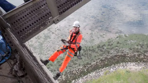 Up and Under Picture looks down on a workman abseiling high above the ground, suspended from the bridge.