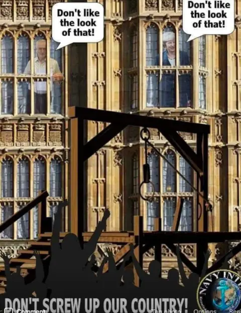 Facebook Image showing Jeremy Corbyn and Theresa May and gallows