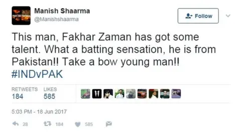 Manish Shaarma This man, Fakhar Zaman has got some talent. What a batting sensation, he is from Pakistan!! Take a bow young man!!