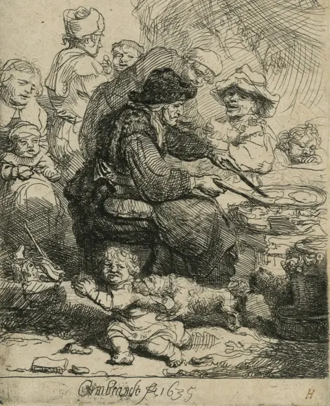 Norfolk Museums Service Rembrandt's The Pancake Woman. Etching on paper. 10.9 x 7.9cm