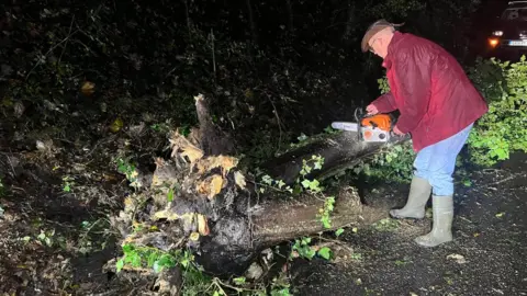 Eddie Mitchell Man with saw cutting up tree on road