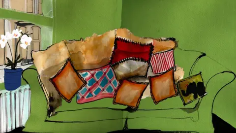 BBC Illustration of cushions on a green sofa