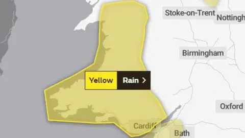 Met Office Map showing areas covered by yellow warning for rain