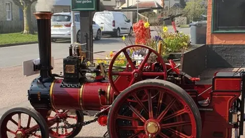 Helen Smith Traction engine model in a pub car park in Cambridge