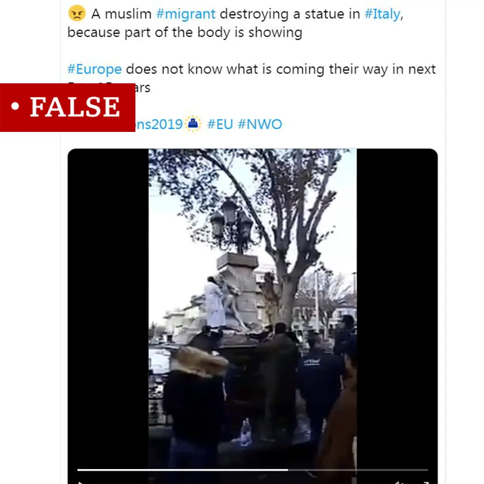 Screenshot of statue video posted on twitter with "False" printed across it