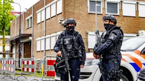 EPA Security at the extra secure court bunker in Amsterdam, the Netherlands