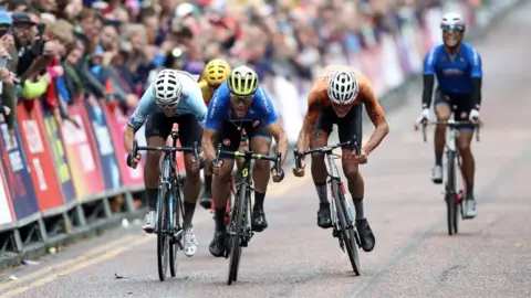 PA Matteo Trentin of Italy sprints to win the road race in Glasgow