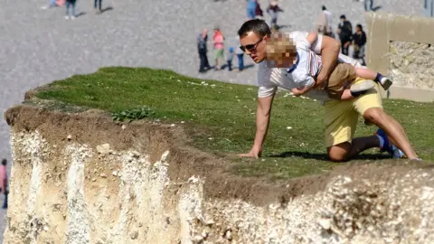 LNP The chalk cliffs are unstable and sections have eroded and collapsed in the past