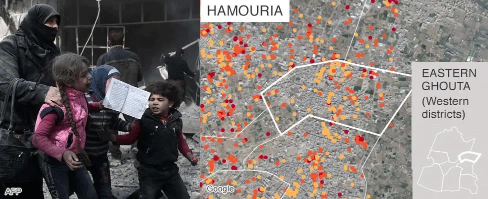 BBC Map showing damage in Hamouria, Eastern Ghouta