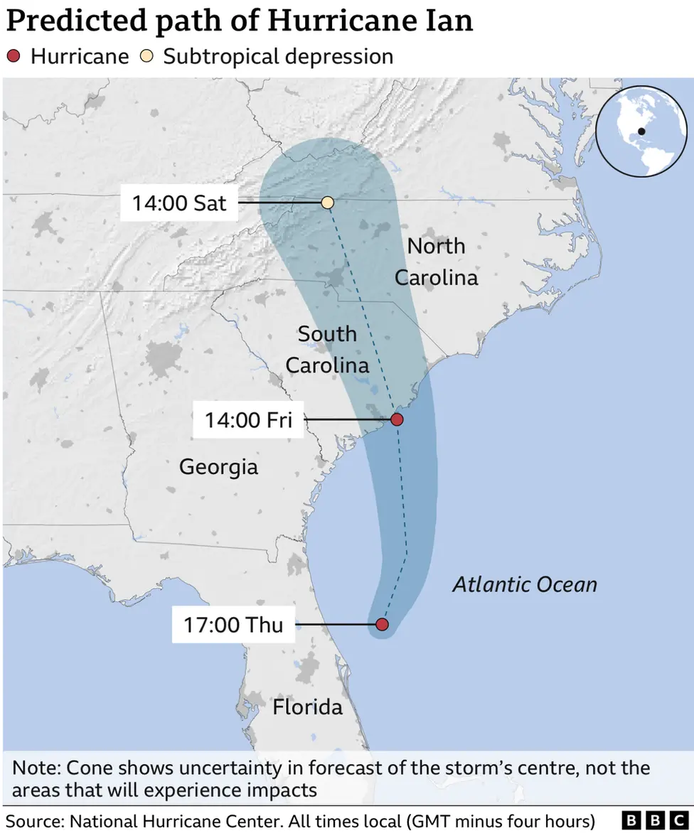 Map showing predicted path of Hurricane Ian