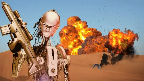 Getty Images Robot with a gun on battlefield