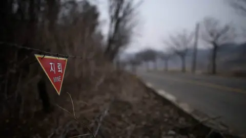 Getty Images Landmines warning in woodland near the Demilitarized Zone (DMZ) in Yeoncheon, north of Seoul