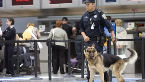 Getty Images Police officer with his dog deployed by Transit Security Administration at San Francisco airport