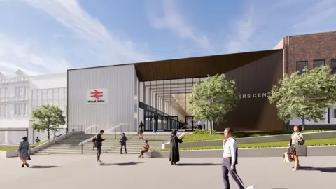 Walsall Council CGI of entrance to railway station and Saddlers Centre