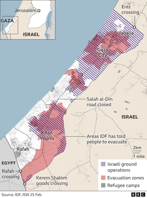 Map of the Gaza Strip showing Israeli ground operations and evacuation zones
