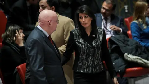 Reuters Russian ambassador United Nations Vasilly Nebenzia Talks with U.S. Ambassador to the United Nations Nikki Haley before the start of a U.N. Security Council meeting concerning the situation in Iran, January 5, 2018 in New York City.