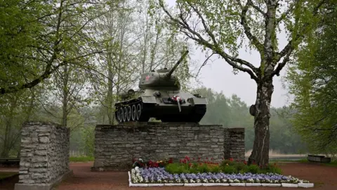 Getty Images T-34 Tank memorial from WW2 showing where the Red Army crossed into Estonia in 1944; 27 May 2022