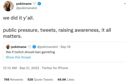 Twitter A screenshot from Pokimane's Twitter. Her tweet reads: "We did it y'all. Public pressure, tweets, raising awareness, it all matters".