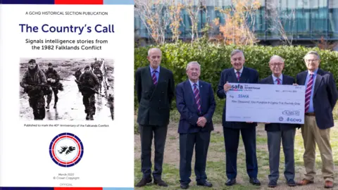 SSAFA Front cover of book and SSAFA members with cheque