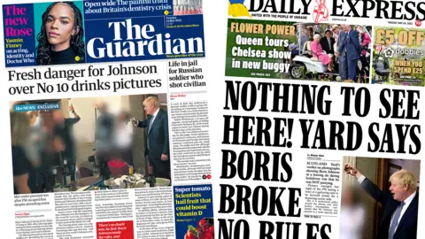 Composite image of the Guardian and Express front pages.
